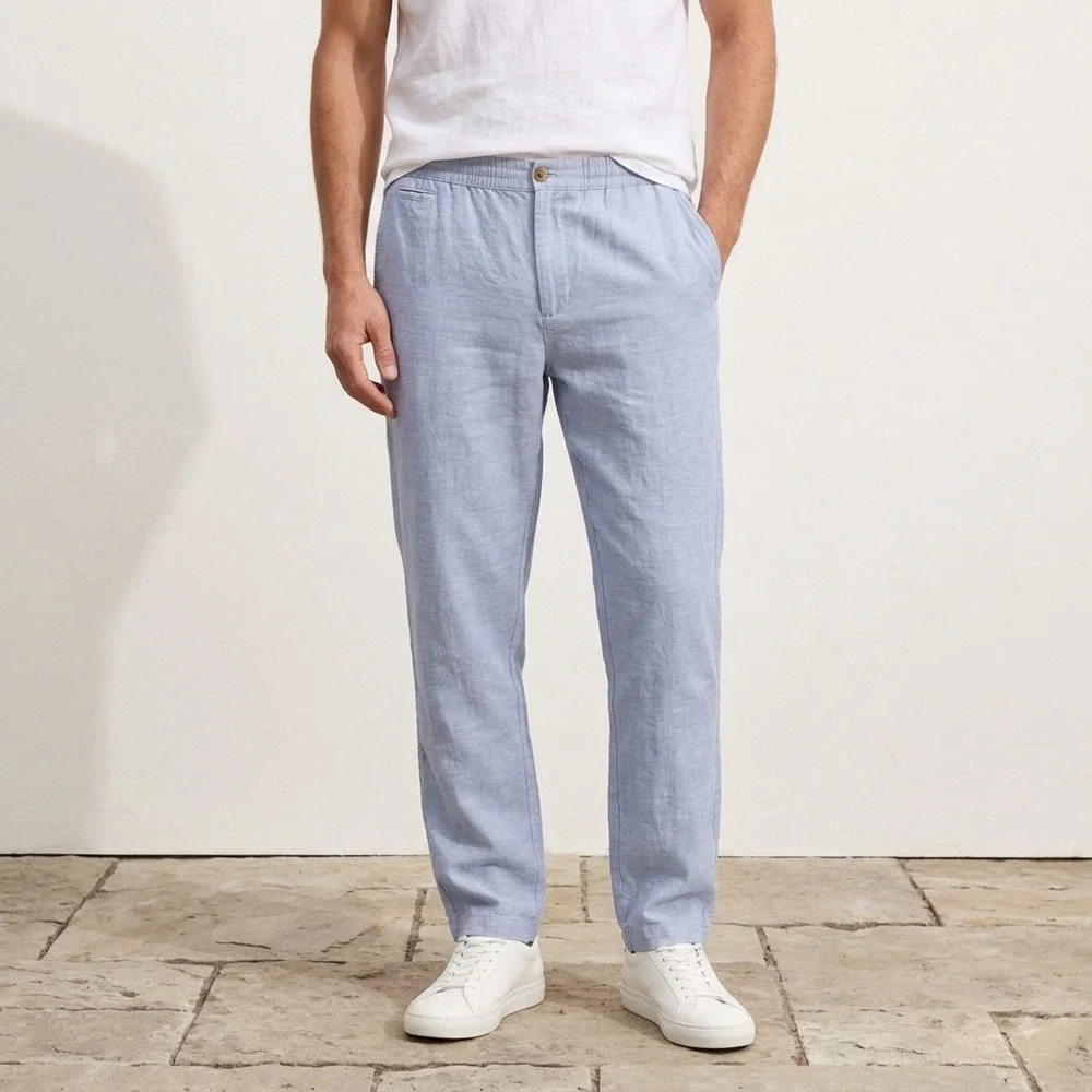 Panama Jack Mens Linen Cotton Blend Casual Pants Elastic Waist Blue Beach Sz XL
